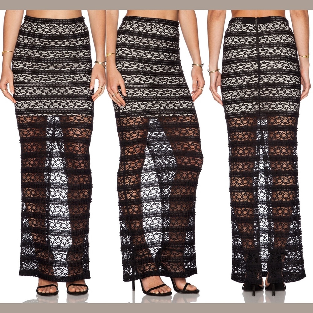 NEW $220 Alice + Olivia Ettley Lace Maxi Long Skirt in Black/Nude [SZ 8 ]‎
